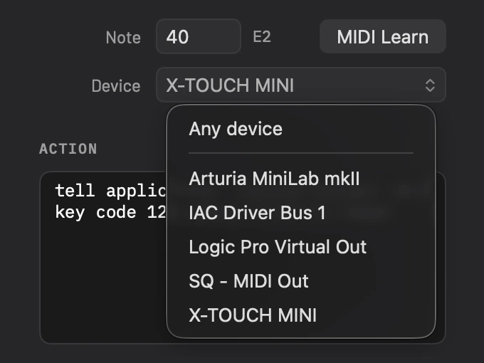 The editor's Device menu open: Any device, then the connected devices Arturia MiniLab mkII, IAC Driver Bus 1, Logic Pro Virtual Out, SQ - MIDI Out and X-TOUCH MINI