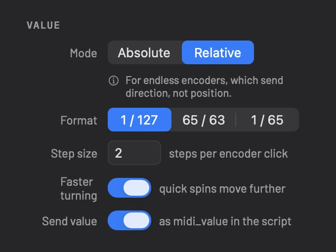 The editor's Value section for Output Trim: Mode Relative, Format 1 / 127, step size 2, Faster turning and Send value on