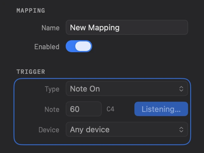 MIDI Learn listening on a new mapping: a blue ring round the Trigger group and the Listening button lit