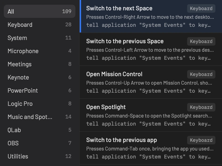 The Script Library: the categories from All 109 to Utilities 12 beside the first five supplied scripts
