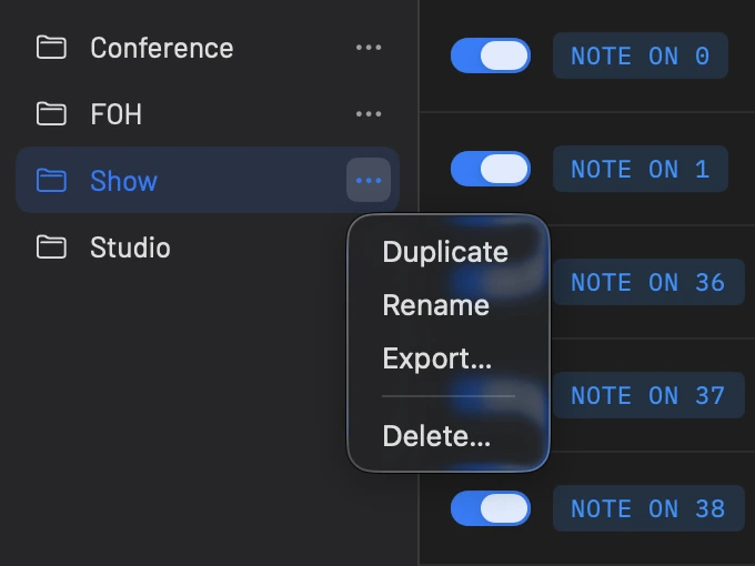 The sidebar's profiles, Conference, FOH, Show and Studio, with the Show profile's menu open: Duplicate, Rename, Export and Delete