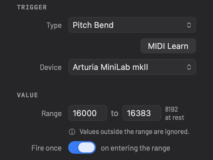 Flick Up: Next Track in the editor: Pitch Bend from the Arturia MiniLab mkII, Range 16000 to 16383 with 8192 at rest, and Fire once on entering the range